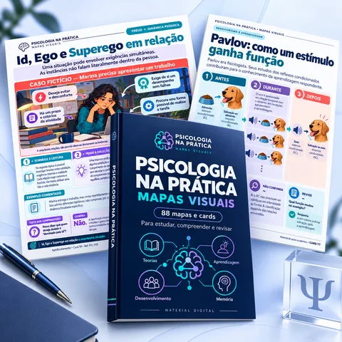 Mockup fornecido da coleção Psicologia na Prática: 88 mapas e cards em PDF para estudo e revisão